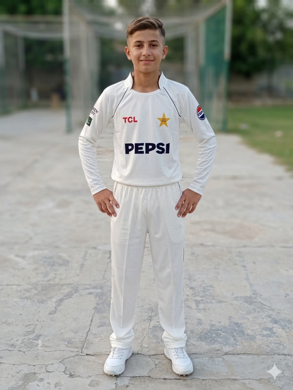 Pakistan Test Cricket White kit Articals 2026 T-Shirt & Touser for kids