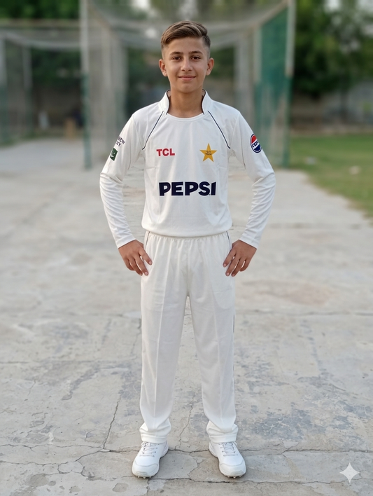 Pakistan Test Cricket White kit Articals 2026 T-Shirt & Touser for kids